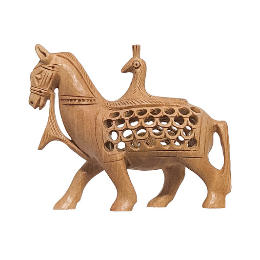 Wooden Jali Peacock on Horse Statue