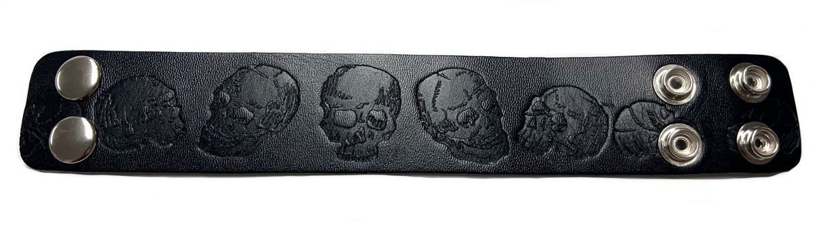 Wholesale THICK ENGRAVED SKULL BLACK LEATHER CUFF BRACELET(sold by the piece)