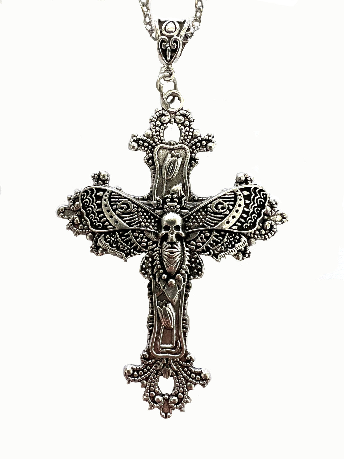 Wholesale Moth Skull Cross Silver Metal Necklace | Sold by Piece