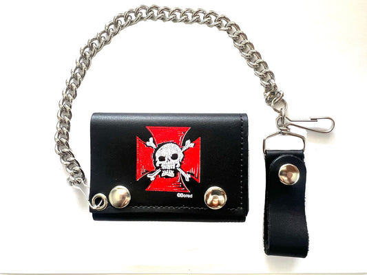 Wholesale RED CROSS SKULL X BONES  TRIFOLD LEATHER WALLETS WITH CHAIN (Sold by the piece)