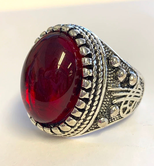 Wholesale Ruby red stone engraved  metal biker ring (sold by the piece)