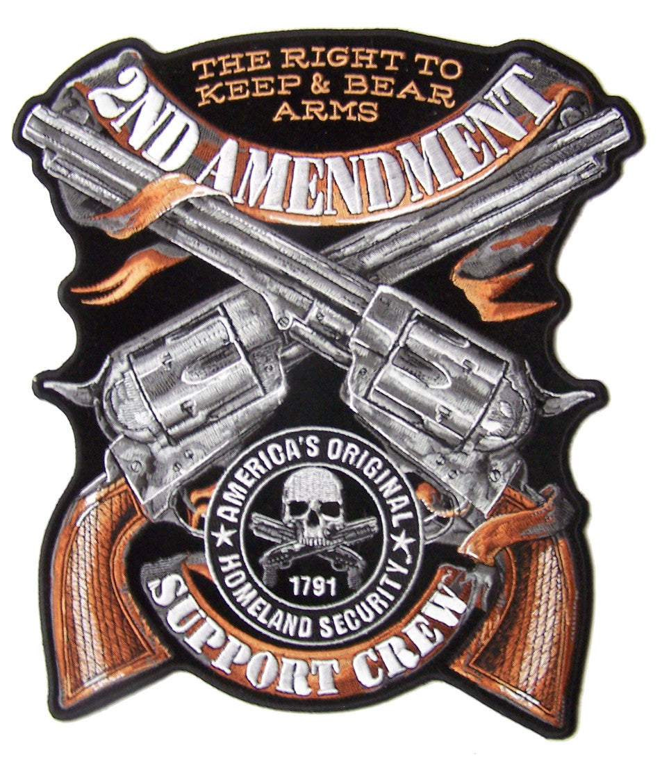 Wholesale JUMBO 2ND AMENDMENT CROSSED PISTOLS EMBROIDERED PATCH 10 INCH (Sold by the piece)