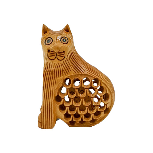 Handcrafted Wooden Jaali Cat Sitting