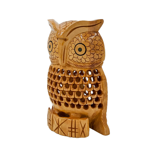 Handcrafted Wooden Owl Sitting Showpiece