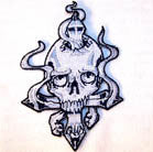 Wholesale SKULL WITH UPSIDE DOWN CROSS 4 INCH PATCH (Sold by the piece OR dozen ) CLOSEOUT AS LOW AS .75 CENTS EA