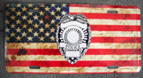 Buy AMERICAN FLAG POLICE BADGE METAL LICENSE PLATE ( sold by the piece or dozen Bulk Price