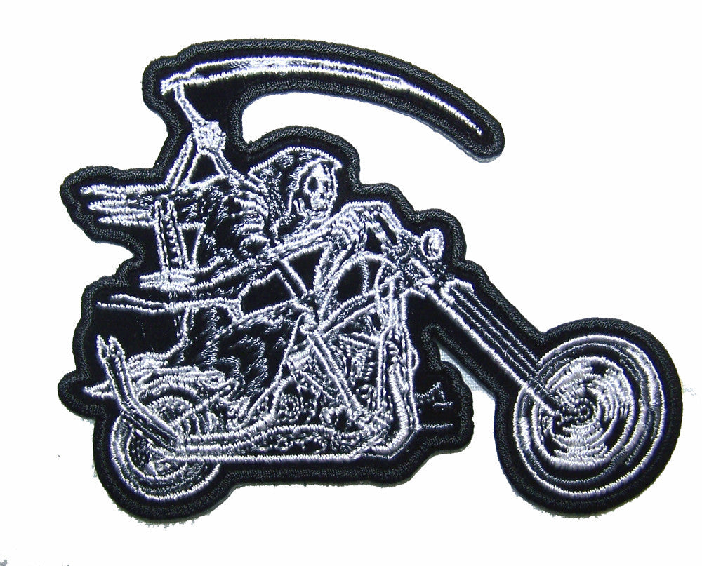 Wholesale GRIM REAPER MOTORCYCLE RIDER 4 IN EMBROIDERED PATCH  (sold by the piece )