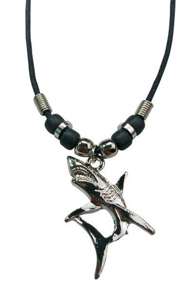 Wholesale Silver-Tone Shark Necklace with Rope Pendant | Silver on Black Beaded Necklace  ( sold by the piece or dozen )