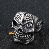 Wholesale Skull Head With Cigar & Clear Crystal Eye Designs Biker Ring