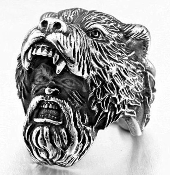 Wholesale VIKING MAN W BEAR HEAD METAL BIKER RING * * SILVER OR BLACK*(sold by the piece)