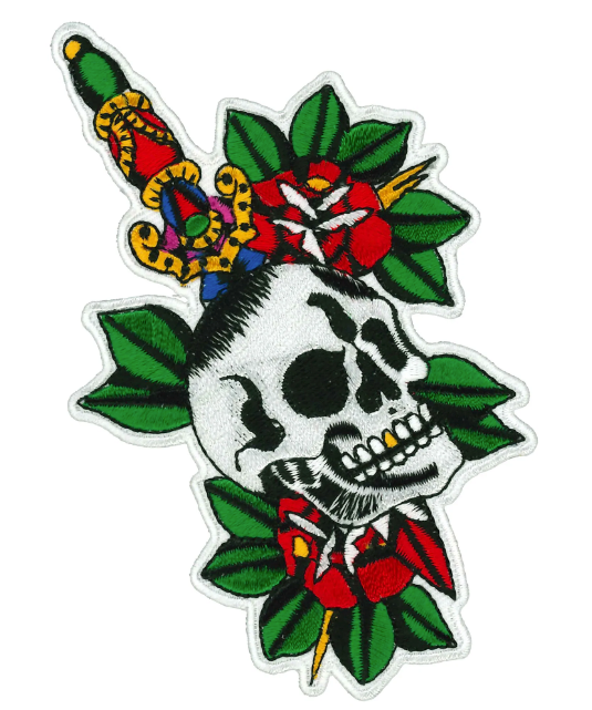 Wholesale 5" x 3" VIBRANT SKULL WITH DAGGER AND ROSES PATCH (Sold by the piece)