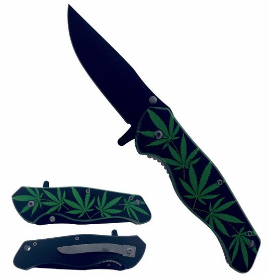 Buy GREEN MARIJUANA LEAF STAINLESS FOLDING POCKET KNIFEBulk Price