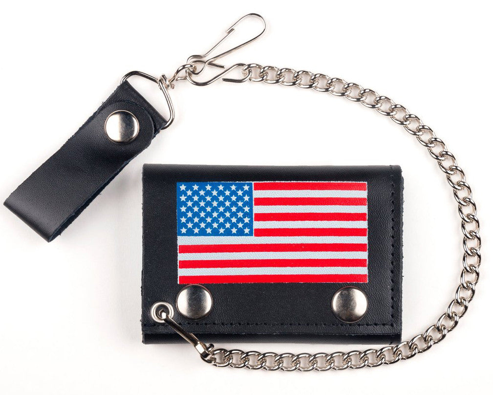 Wholesale AMERICAN FLAG TRIFOLD LEATHER WALLETS WITH CHAIN (Sold by the piece)