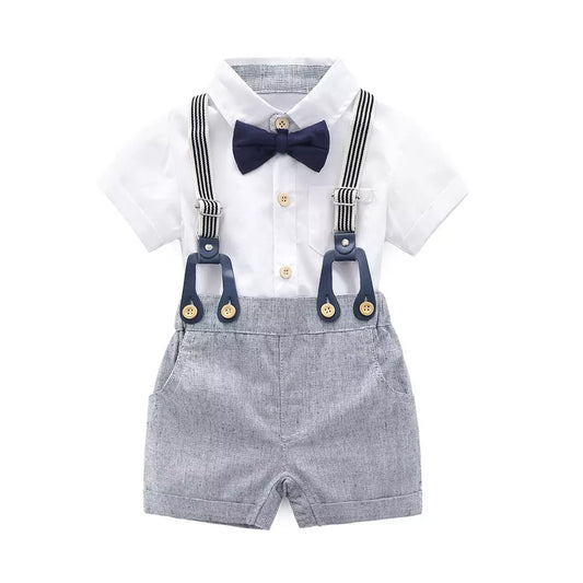 Baby Boys Short Sleeve Shirt+Bib Pants+Bow Tie Clothes Set