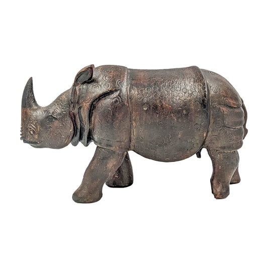 Dark Wooden Rhinoceros with Stone Artwork