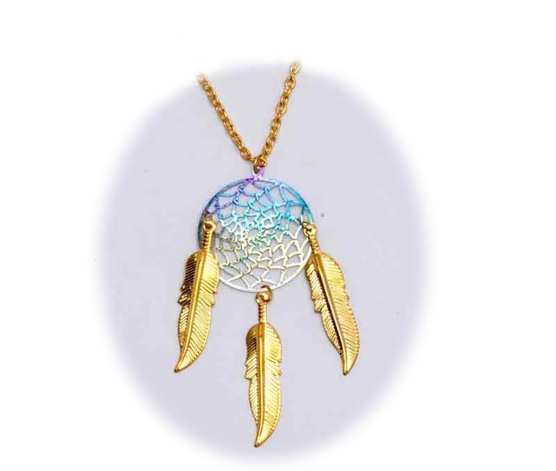 Wholesale 18 INCH METAL DREAM CATCHER GOLD RAINBOW NECKLACE WITH FEATHERS (SOLD BY THE PIECE)