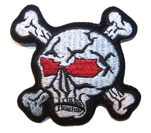 Wholesale SKULL X BONE 3  INCH PATCH RED EYES (sold by the piece or dozen ) -* CLOSEOUT AS LOW AS .75 CENTS EA