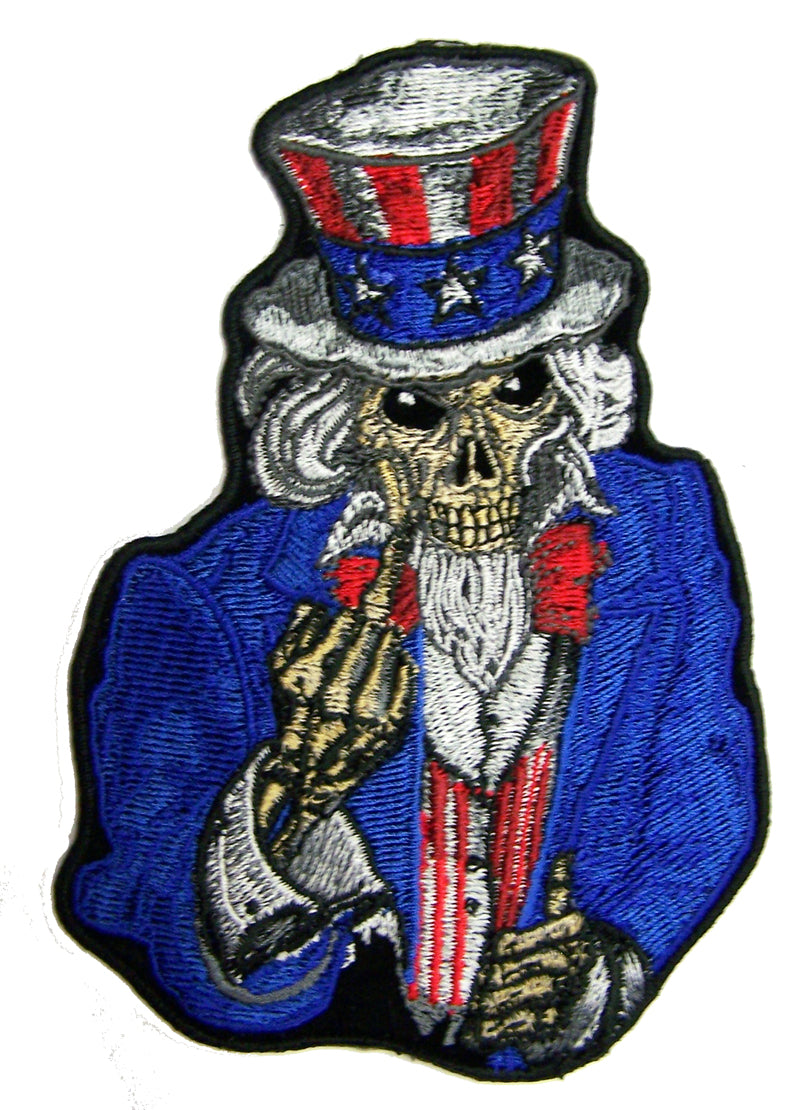 Wholesale UNCLE SAM POSTER FLIPPING MIDDLE FINGER BIKER 5 IN EMBROIDERIED PATCH (sold by the piece )