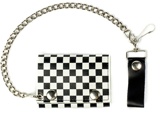 Wholesale BLACK & WHITE CHECKERED TRIFOLD LEATHER WALLETS WITH CHAIN (Sold by the piece)